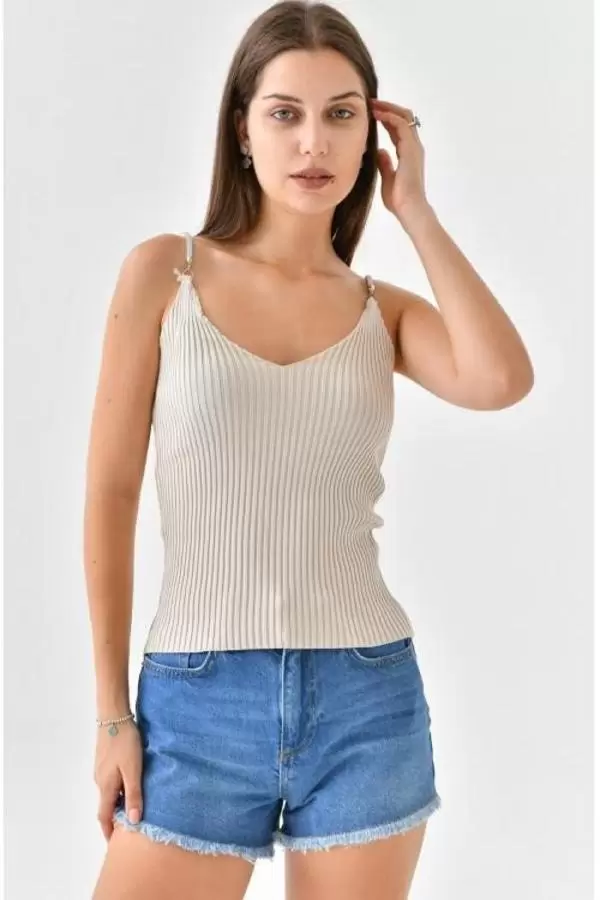 Askılı Sim Detaylı Bej Kadın Triko Crop Top