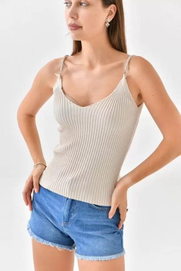 Askılı Sim Detaylı Bej Kadın Triko Crop Top