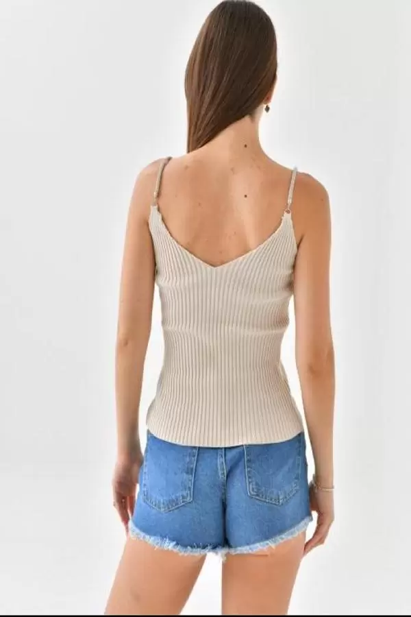 Askılı Sim Detaylı Bej Kadın Triko Crop Top