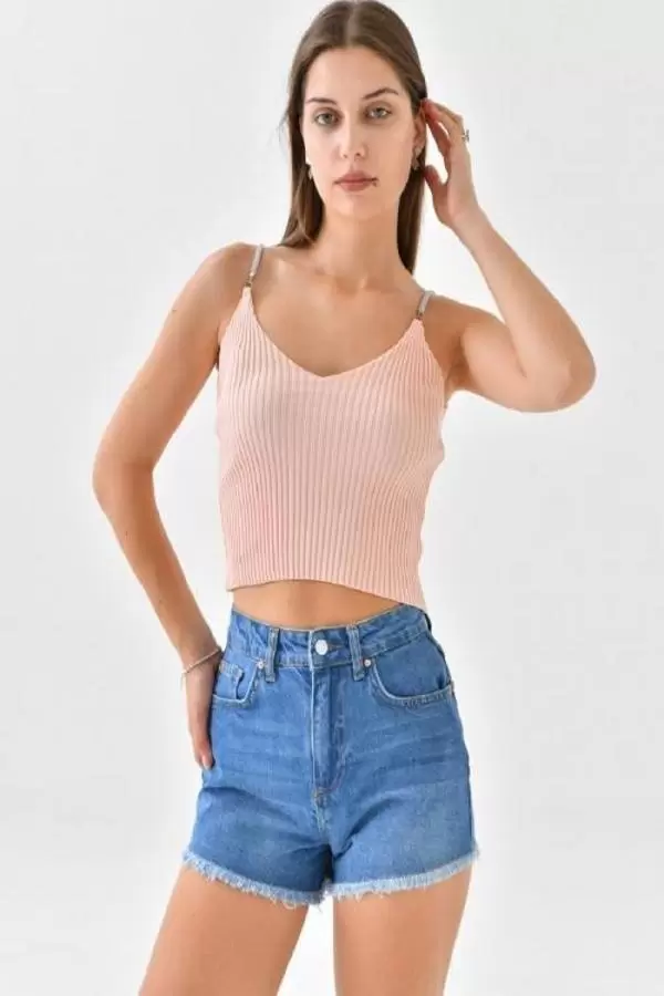 Askılı Sim Detaylı Pudra Mini Kadın Triko Crop Top
