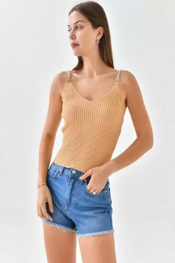 Askılı Sim Detaylı Vizon Kadın Triko Crop Top