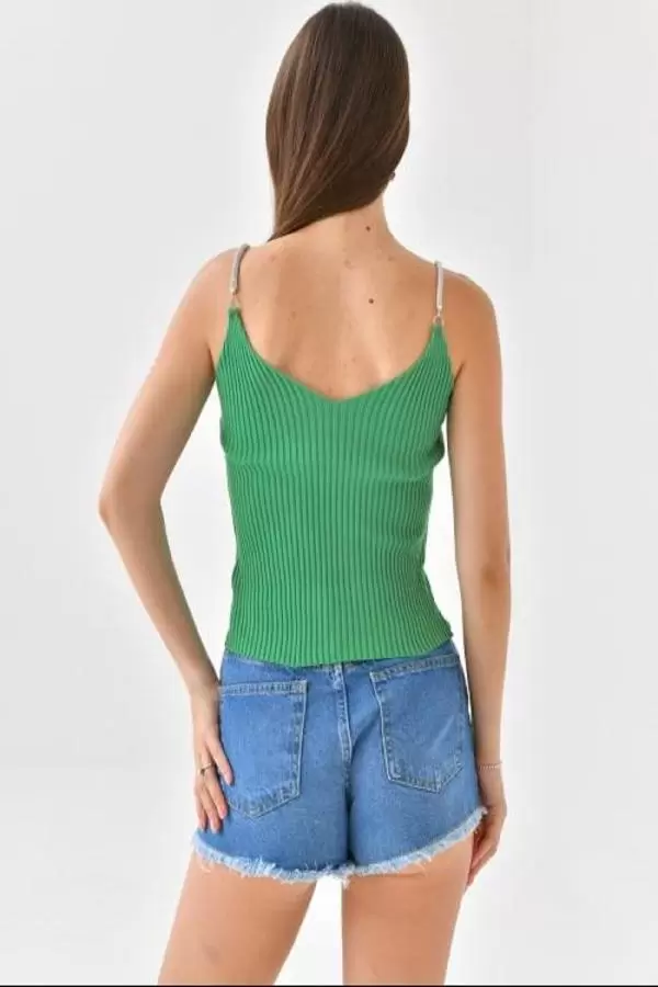 Askılı Sim Detaylı Yeşil Kadın Triko Crop Top