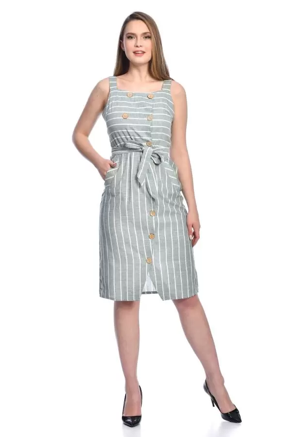 Askılı Sıra Düğmeli Cepli Kuşaklı ve çizgili Mint Kadın Elbise