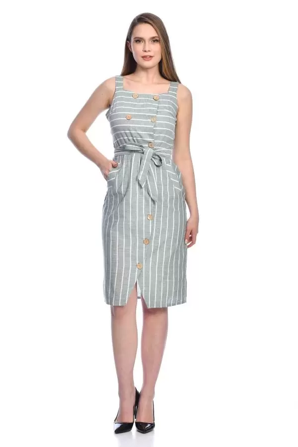 Askılı Sıra Düğmeli Cepli Kuşaklı ve çizgili Mint Kadın Elbise