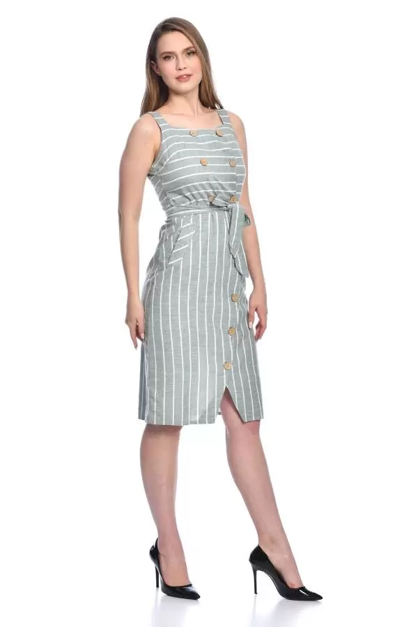 Askılı Sıra Düğmeli Cepli Kuşaklı ve çizgili Mint Kadın Elbise