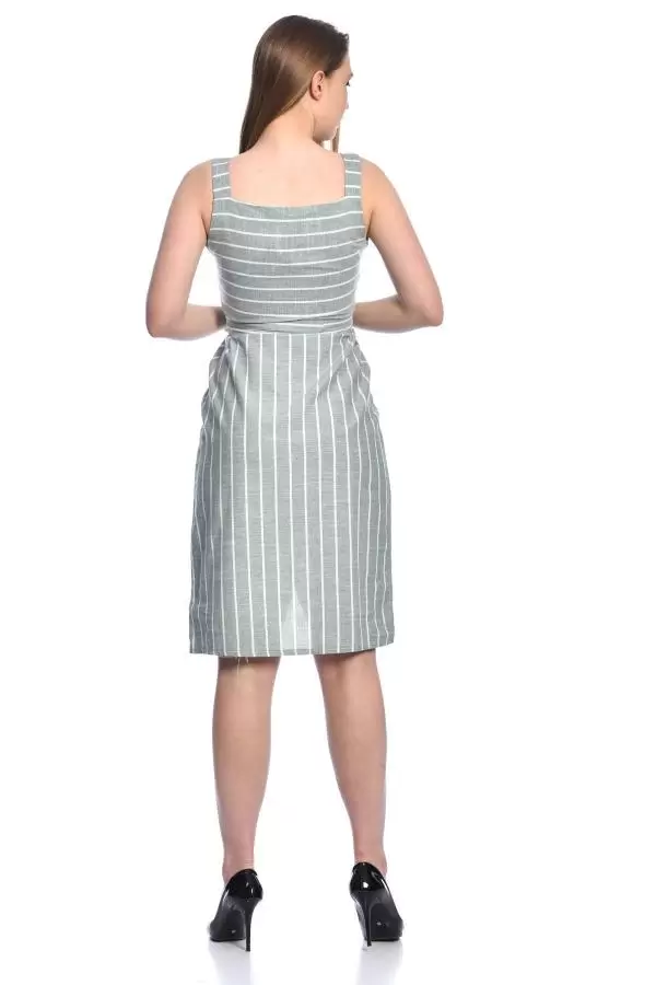 Askılı Sıra Düğmeli Cepli Kuşaklı ve çizgili Mint Kadın Elbise
