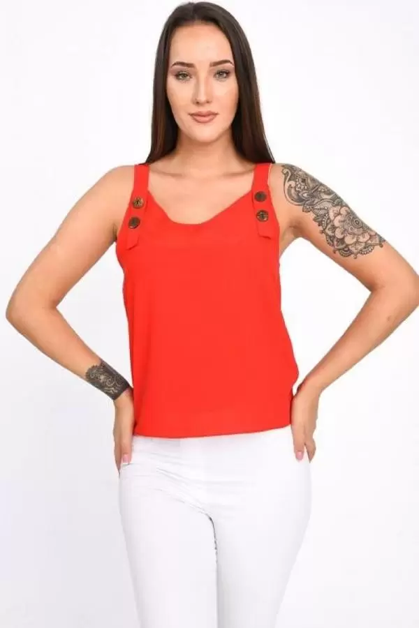 Askılı ve Düğmeli Sıfır Kol Kırmızı Kadın Bluz