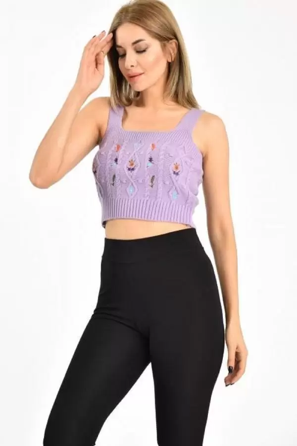 Askılı ve Nakış Detaylı Lila Kadın Triko Büstiyer