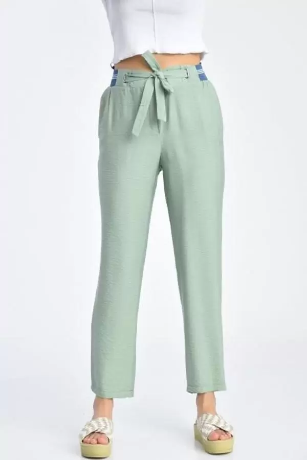 Bağcıklı Belden Lastikli Mint Yeşil Kadın Pantolon
