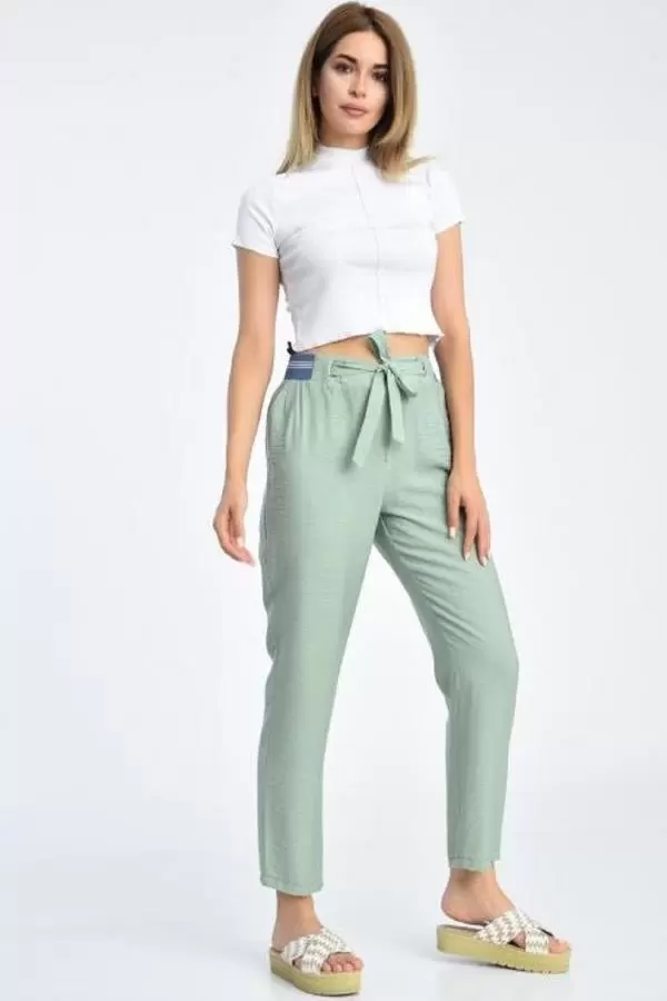 Bağcıklı Belden Lastikli Mint Yeşil Kadın Pantolon