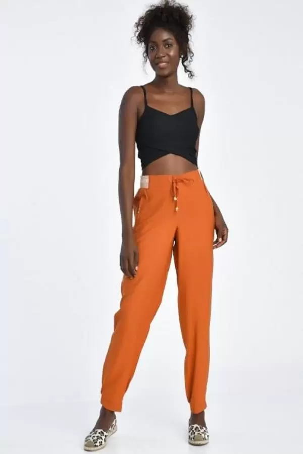 Bağcıklı Belden ve Bilekten Lastikli Kiremit Kadın Pantolon