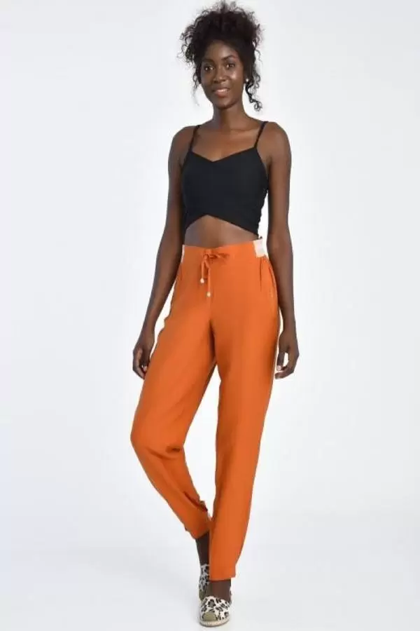 Bağcıklı Belden ve Bilekten Lastikli Kiremit Kadın Pantolon