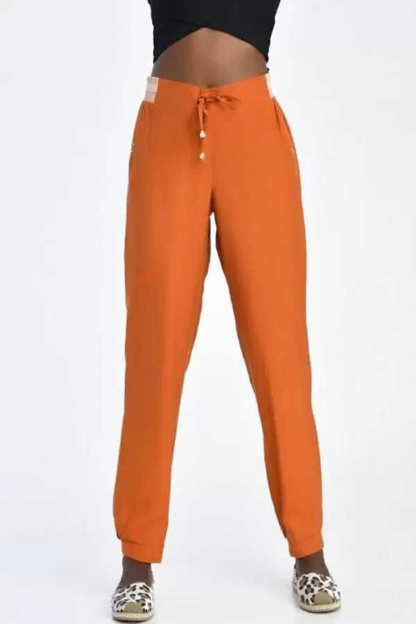 Bağcıklı Belden ve Bilekten Lastikli Kiremit Kadın Pantolon