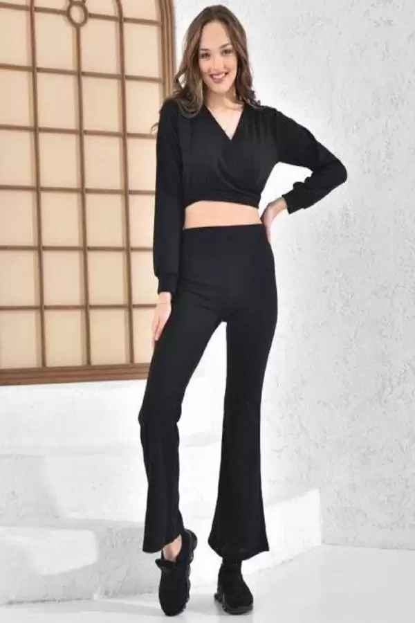 Bağcıklı V Yaka Geniş Paça Siyah Kaşkorse Kadın Eşofman Takım