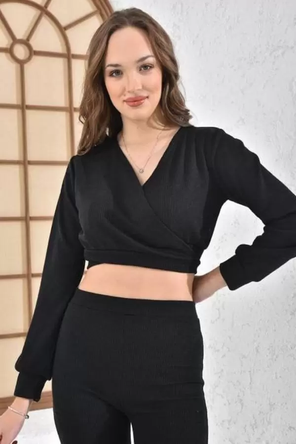 Bağcıklı V Yaka Geniş Paça Siyah Kaşkorse Kadın Eşofman Takım