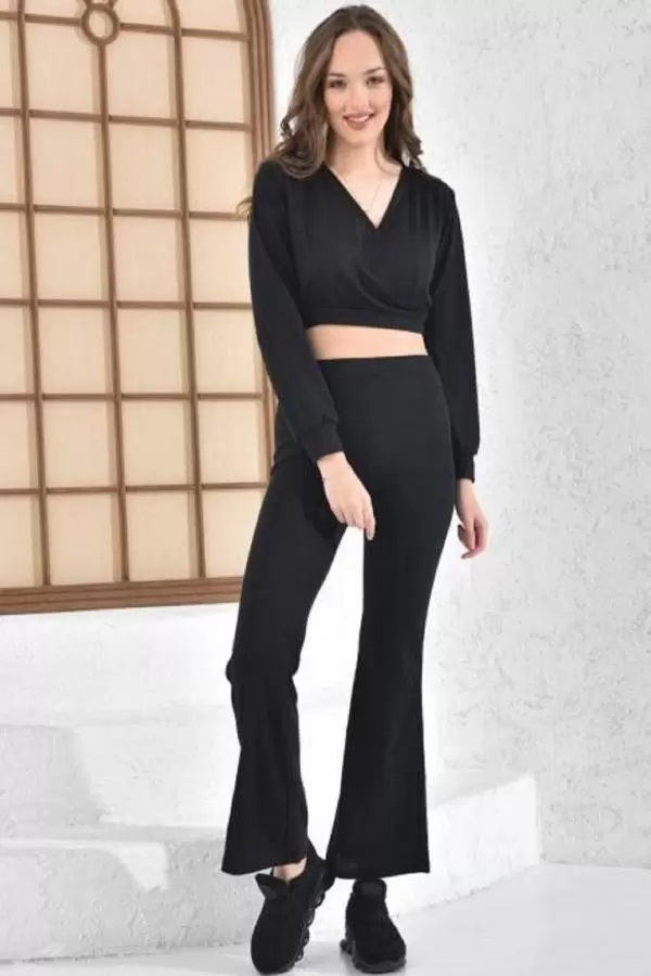 Bağcıklı V Yaka Geniş Paça Siyah Kaşkorse Kadın Eşofman Takım