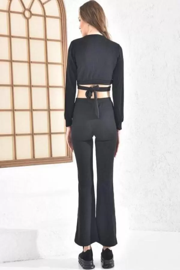 Bağcıklı V Yaka Geniş Paça Siyah Kaşkorse Kadın Eşofman Takım