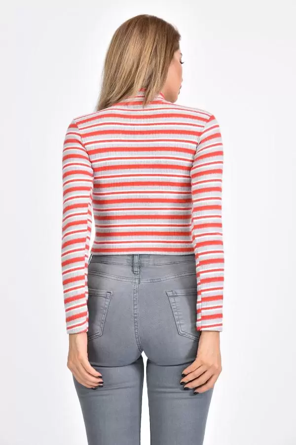 Balıkçı Yaka Çizgili Yünlü Kaşkorse Kırmızı Kadın Body