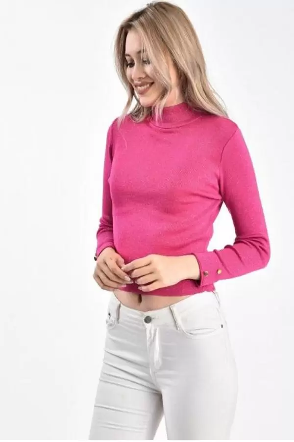 Balıkçı Yaka Düğme Detaylı Pembe Kadın Bluz