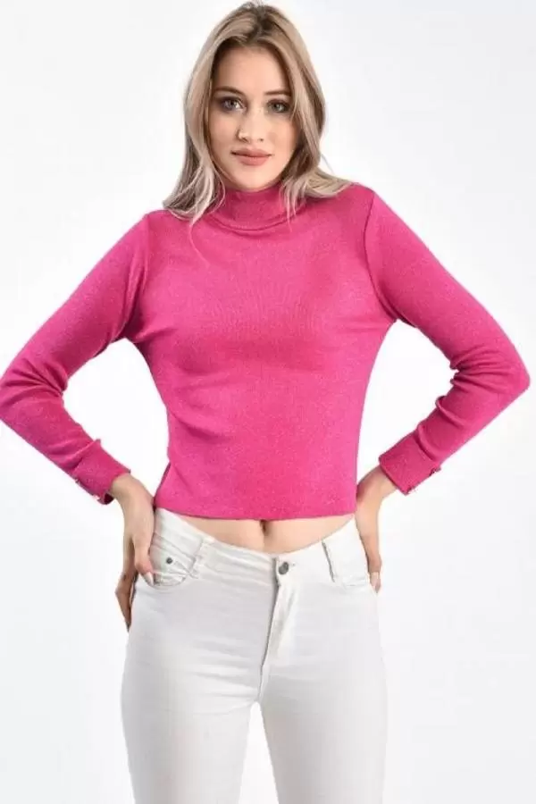 Balıkçı Yaka Düğme Detaylı Pembe Kadın Bluz