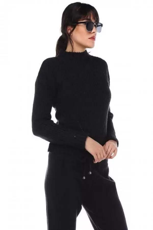 Balıkçı Yaka Düz Örgülü Alt Üst Siyah Spor Triko Takım