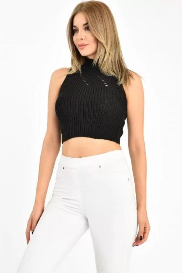 Balıkçı Yaka Kuş Gözü Desenli Siyah Kadın Triko Büstiyer