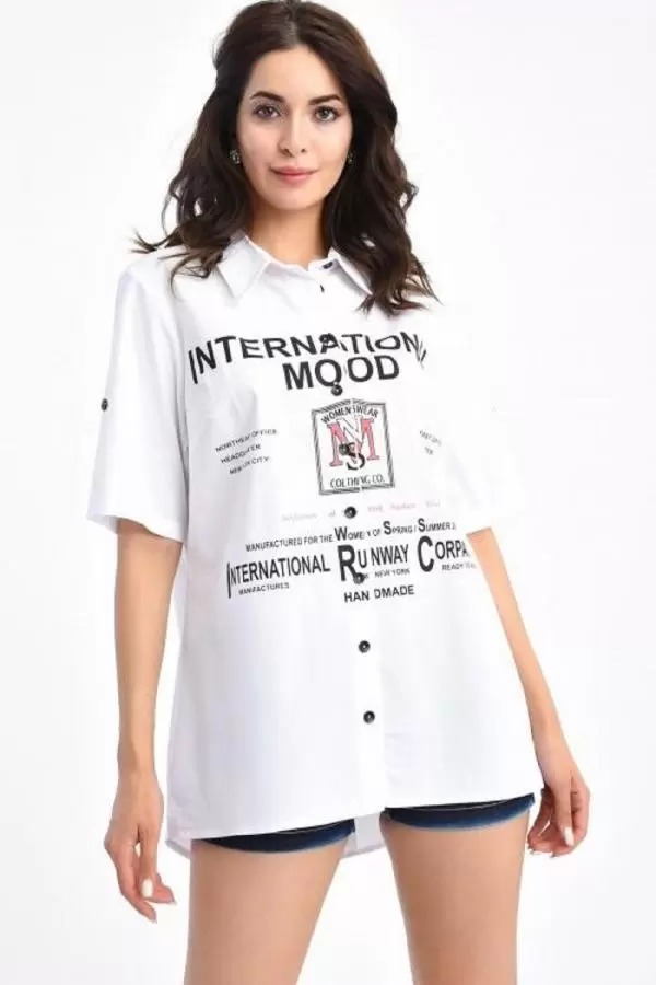 Baskılı Kısa Kollu Beyaz Kadın Gömlek