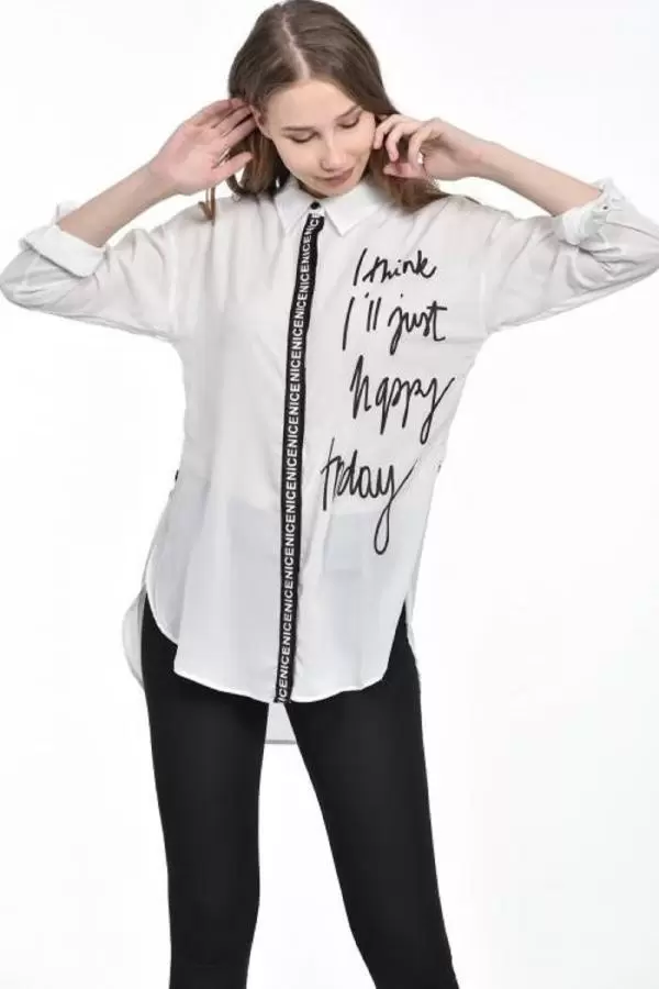 Baskılı ve Şerit Detaylı Beyaz Kadın Gömlek