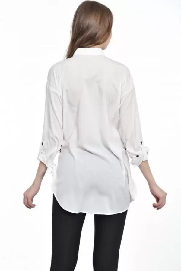 Baskılı ve Şerit Detaylı Beyaz Kadın Gömlek