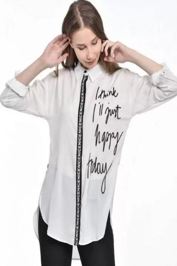 Baskılı ve Şerit Detaylı Beyaz Kadın Gömlek