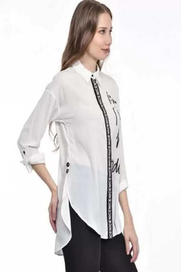 Baskılı ve Şerit Detaylı Beyaz Kadın Gömlek
