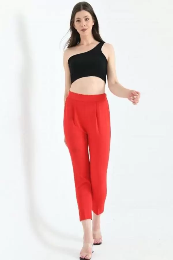 Belden Lastikli Kırmızı Bilek Kadın Pantolon