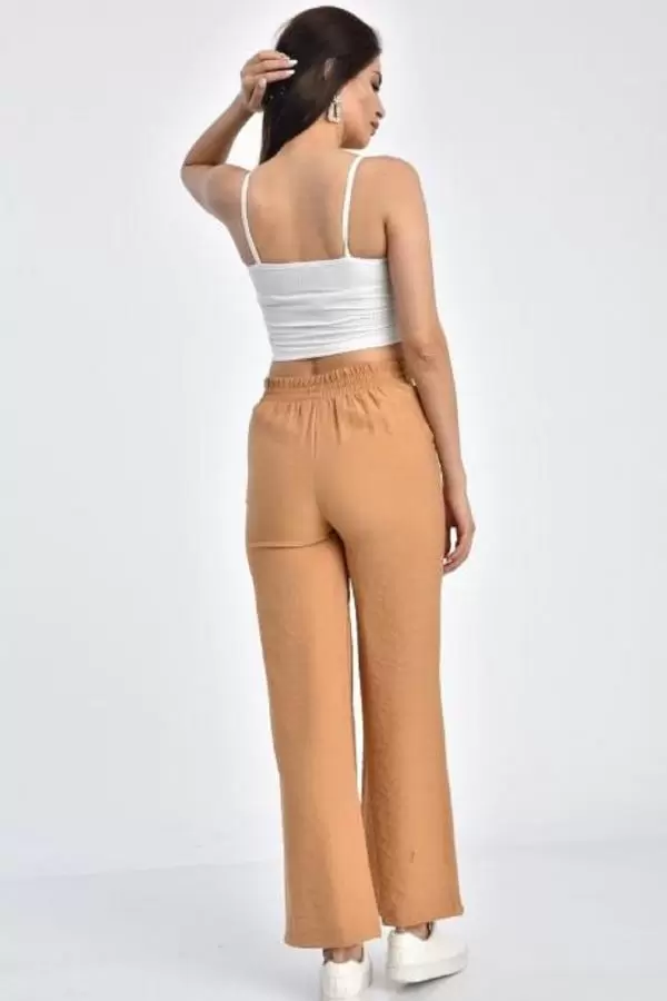 Belden Lastikli Kuşaklı Bol Paça Camel Keten Kadın Pantolon