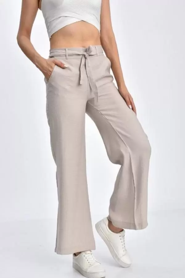 Belden Lastikli Kuşaklı Bol Paça Taş Keten Kadın Pantolon