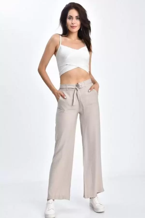 Belden Lastikli Kuşaklı Bol Paça Taş Keten Kadın Pantolon
