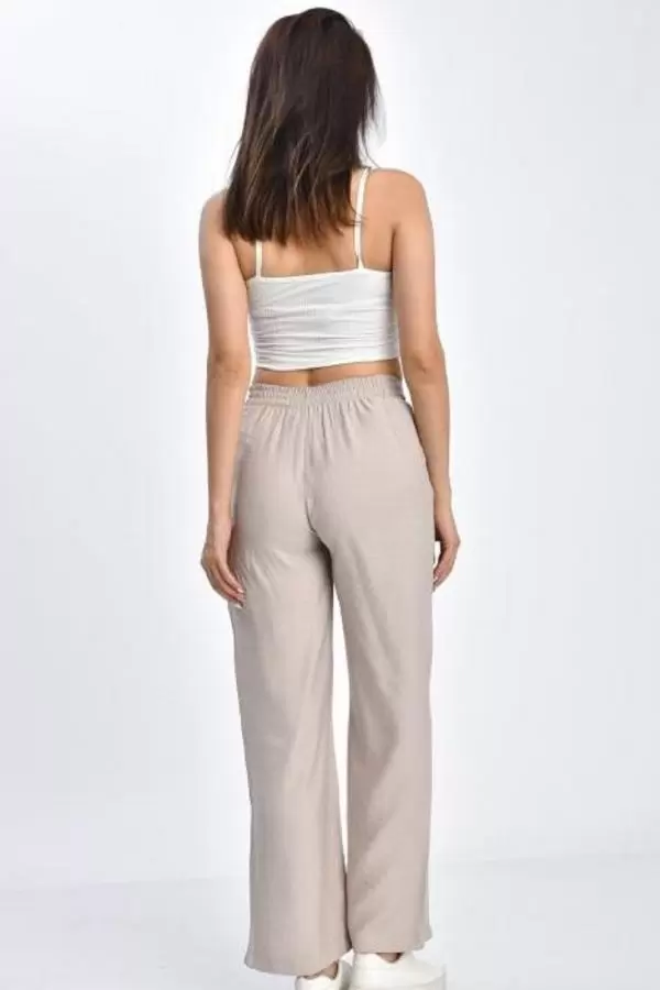 Belden Lastikli Kuşaklı Bol Paça Taş Keten Kadın Pantolon