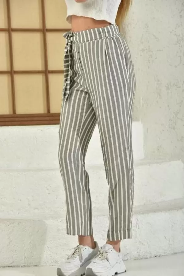 Belden Lastikli Kuşaklı Çizgili Gri Kadın Bilek Pantolon