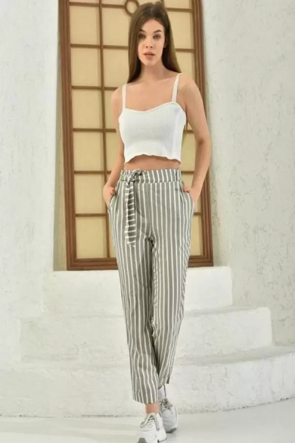 Belden Lastikli Kuşaklı Çizgili Gri Kadın Bilek Pantolon