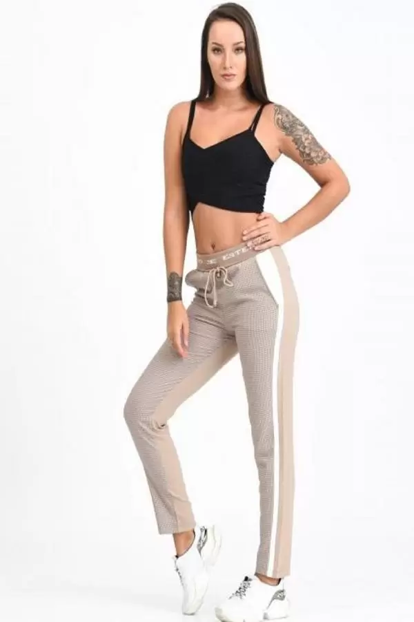 Belden Lastikli ve Bağcıklı Şeritli Ekose Bej Kadın Pantolon