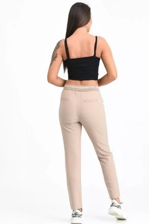 Belden Lastikli ve Bağcıklı Şeritli Ekose Bej Kadın Pantolon