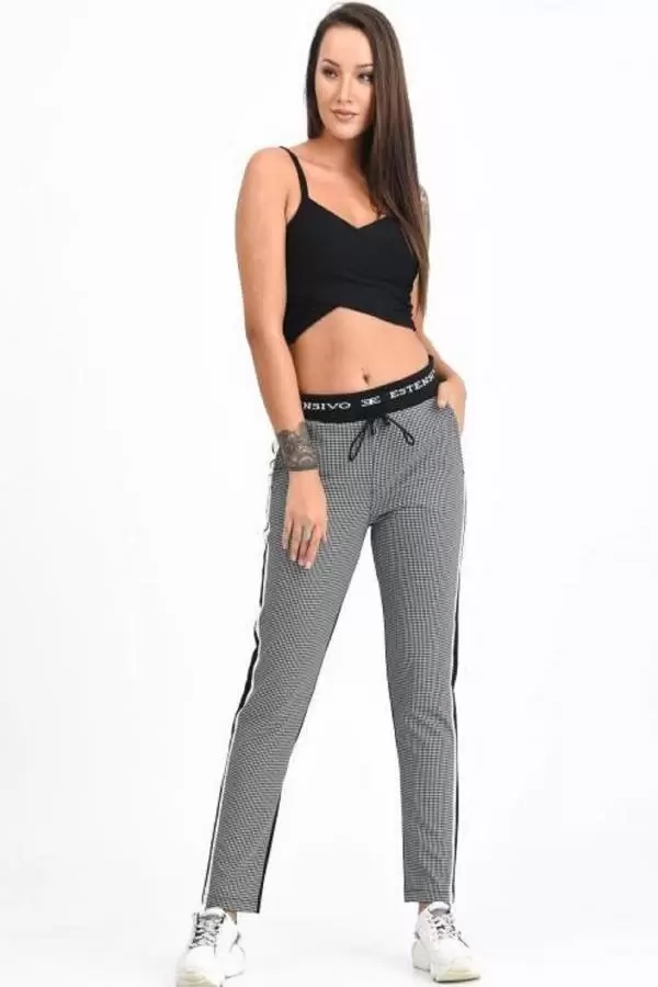 Belden Lastikli ve Bağcıklı Şeritli Ekose Siyah Kadın Pantolon