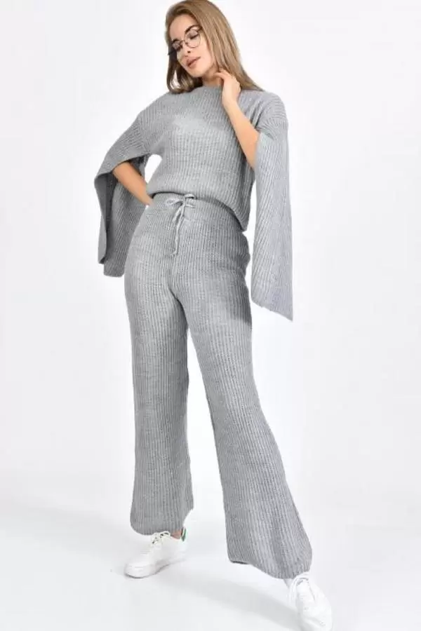 Bisiklet Yaka Asimetrik Kollu Gri Triko Kadın Elbise