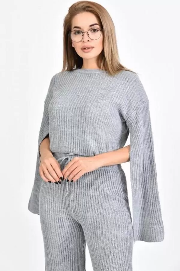 Bisiklet Yaka Asimetrik Kollu Gri Triko Kadın Elbise