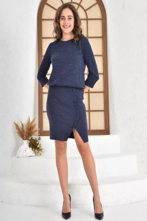 Bisiklet Yaka Belden Büzgülü ve Düğmeli Lacivert Triko Kadın Elbise