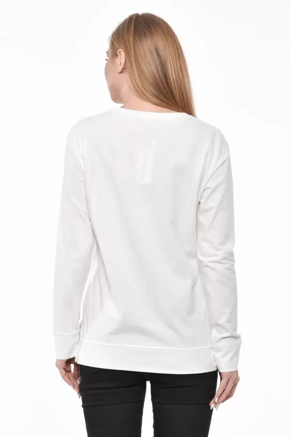 Bisiklet Yaka Beş Bayan Baskılı Taş ve Pullu Beyaz Kadın Tişört