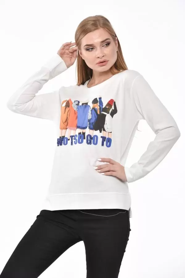 Bisiklet Yaka Beş Bayan Baskılı Taş ve Pullu Beyaz Kadın Tişört