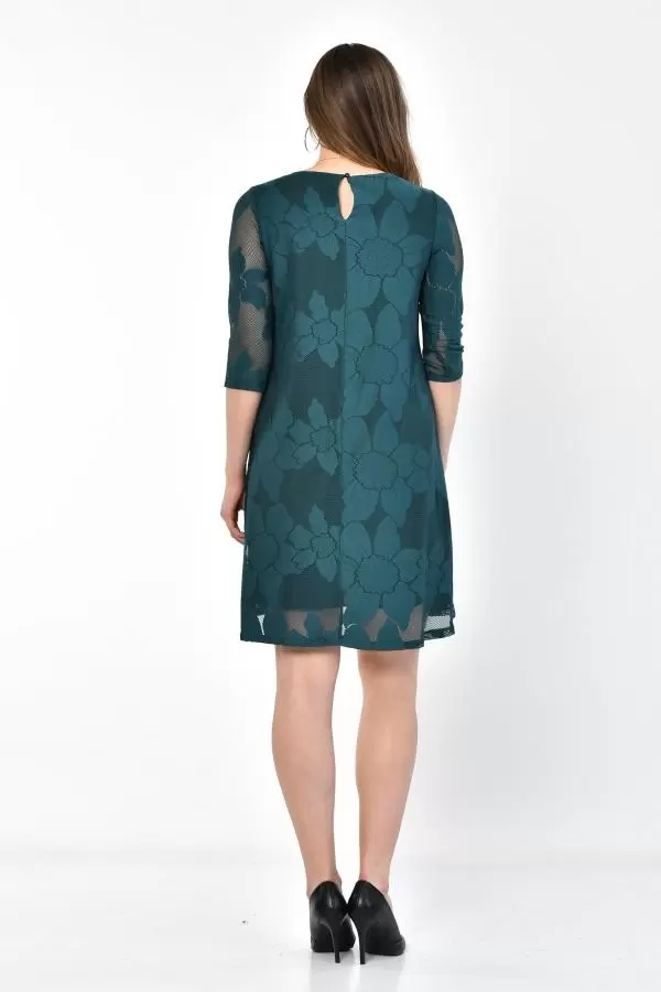 Bisiklet Yaka Dantel Takı ve Astarlı Zümrüt Yeşil Abiye Kadın Elbise
