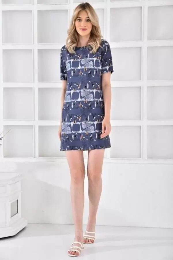 Bisiklet Yaka Figür Baskılı Kısa Kollu Füme Kadın Elbise