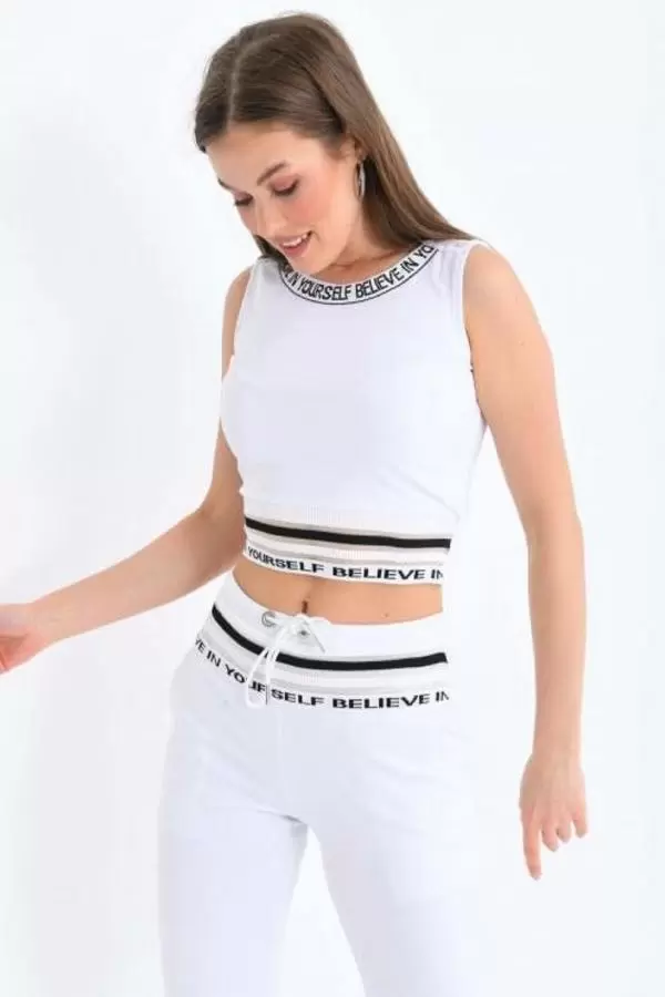 Bisiklet Yaka File Detaylı Kolsuz Beyaz Kadın Eşofman