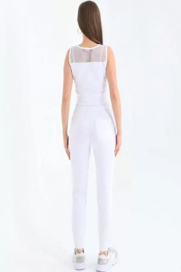 Bisiklet Yaka File Detaylı Kolsuz Beyaz Kadın Eşofman